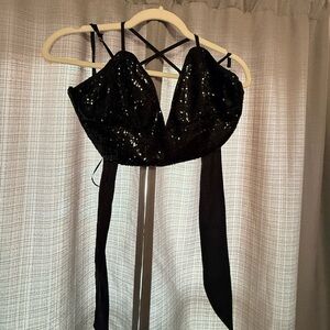 Bodhii Lelis Collection Black Sequin Crop Top with Crisscross Straps NWT!